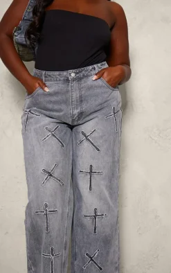 Plus Washed Black Cross Applique Detail Wide Leg Jeans