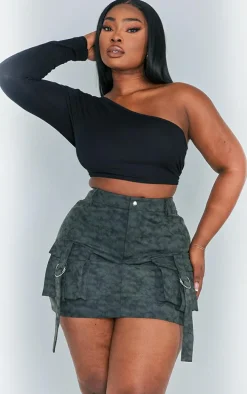 Plus Washed Black Faux Leather Pocket Cargo Mini Skirt