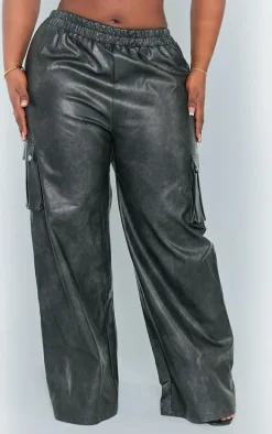 Plus Washed Black Faux Leather Wide Leg High Waisted Cargo Pants