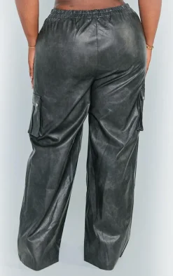 Plus Washed Black Faux Leather Wide Leg High Waisted Cargo Pants