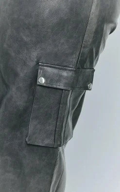 Plus Washed Black Faux Leather Wide Leg High Waisted Cargo Pants