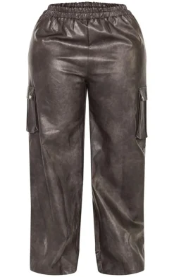 Plus Washed Black Faux Leather Wide Leg High Waisted Cargo Pants