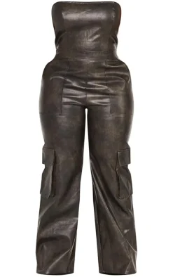 Plus Washed Black Faux Leather Cargo Jumpsuit