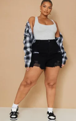 Plus Washed Black High Waisted Frayed Distressed Hem Shorts