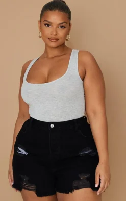 Plus Washed Black High Waisted Frayed Distressed Hem Shorts