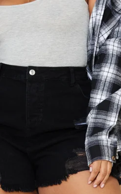Plus Washed Black High Waisted Frayed Distressed Hem Shorts