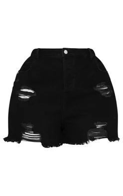 Plus Washed Black High Waisted Frayed Distressed Hem Shorts
