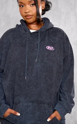 Plus Washed Black Plt Graphic Acid Wash Puff Printed Hoodie