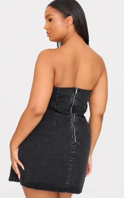 Plus Washed Black Plunge Detail Strapless Denim Mini Dress