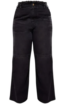 Plus Washed Black Raw Edge Waistband Boyfriend Jeans