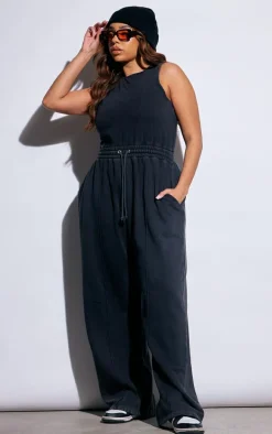 Plus Washed Black Scoop Neck Sweat Wide Leg Jumpsuit