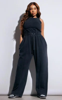 Plus Washed Black Scoop Neck Sweat Wide Leg Jumpsuit