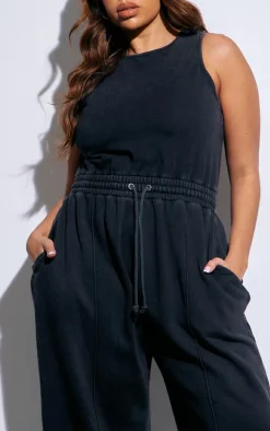 Plus Washed Black Scoop Neck Sweat Wide Leg Jumpsuit