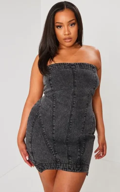 Plus Washed Black Seam Detail Asymmetric Denim Mini Dress