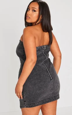 Plus Washed Black Seam Detail Asymmetric Denim Mini Dress