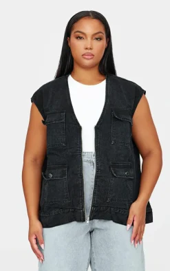 Plus Washed Black Zip Up Denim Cargo Vest
