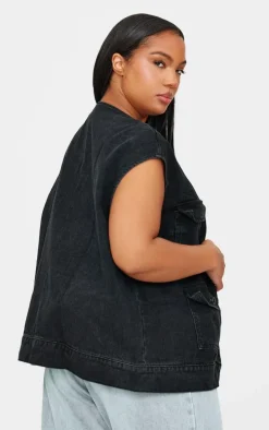 Plus Washed Black Zip Up Denim Cargo Vest