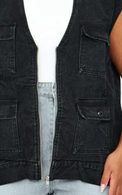 Plus Washed Black Zip Up Denim Cargo Vest
