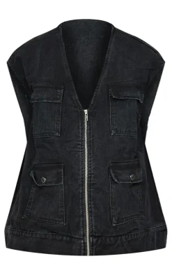 Plus Washed Black Zip Up Denim Cargo Vest