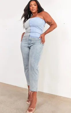 Plus Washed Blue Contrast Stretch Denim Corset Top