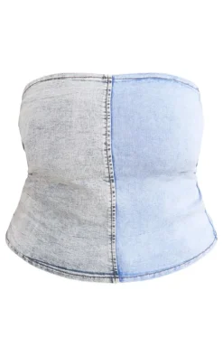 Plus Washed Blue Contrast Stretch Denim Corset Top
