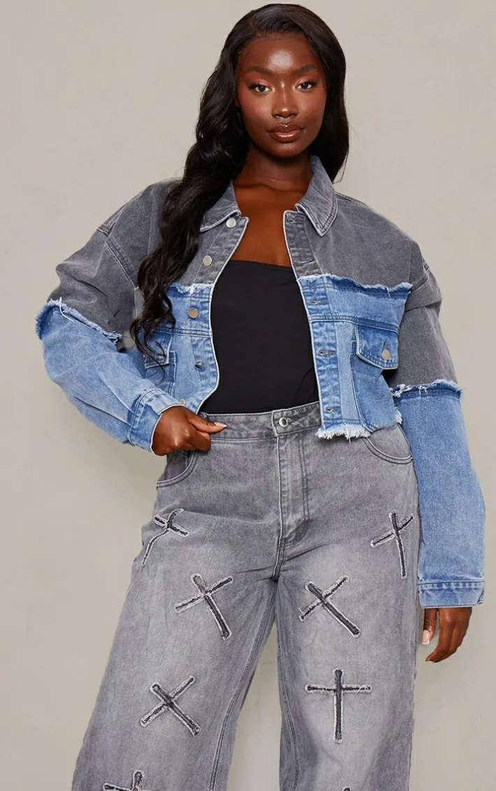 Plus Washed Blue Contrast Panel Crop Denim Jacket