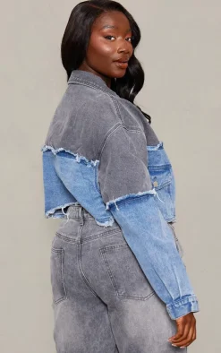 Plus Washed Blue Contrast Panel Crop Denim Jacket