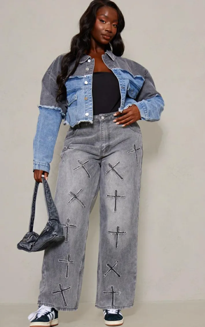 Plus Washed Blue Contrast Panel Crop Denim Jacket