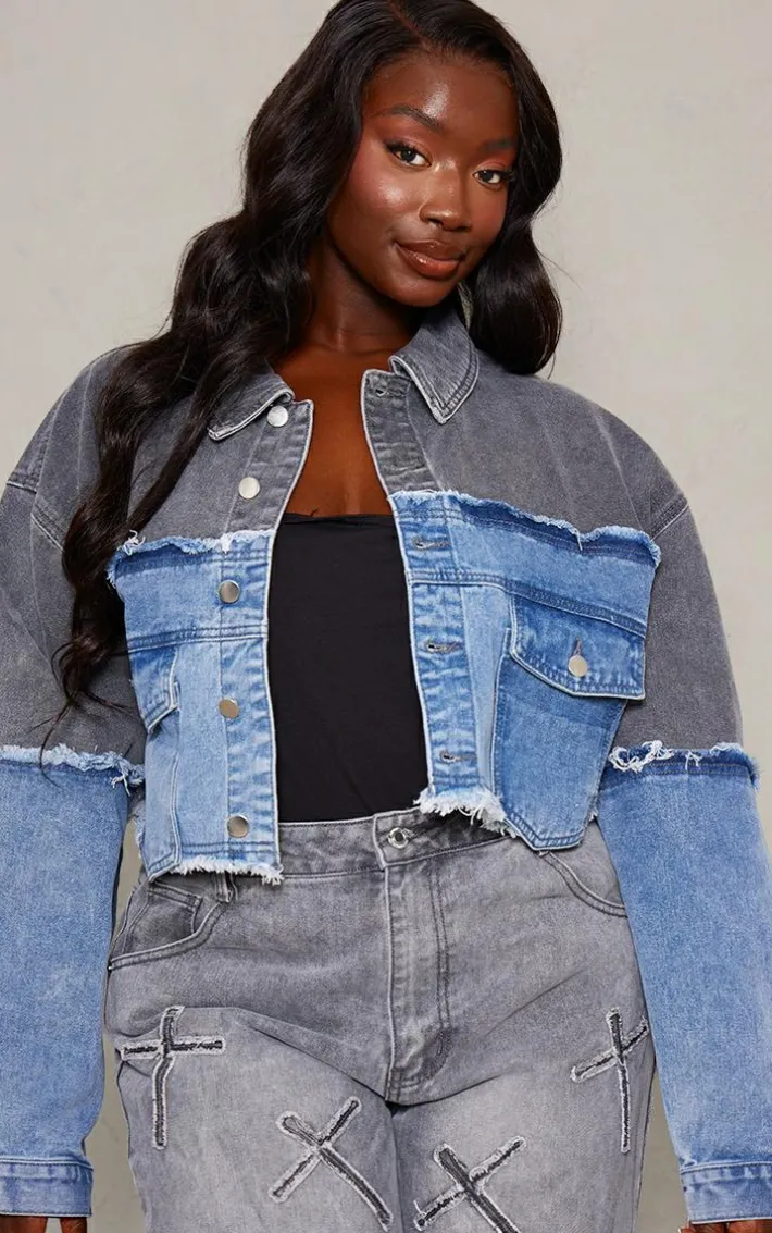 Plus Washed Blue Contrast Panel Crop Denim Jacket