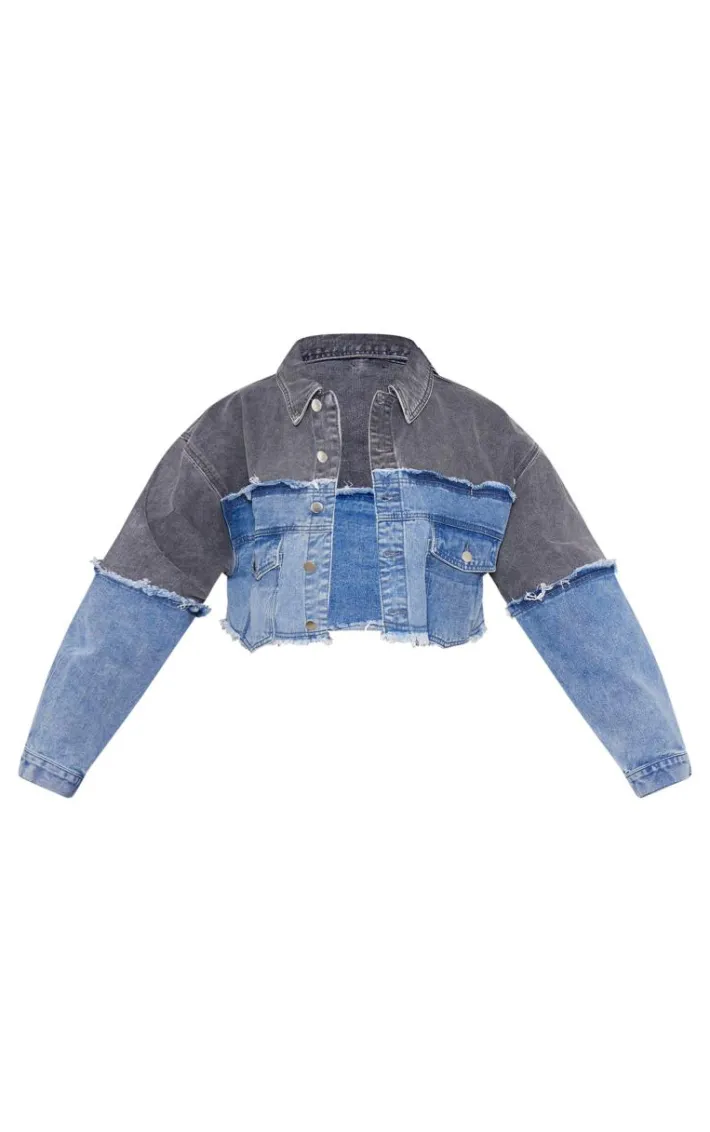 Plus Washed Blue Contrast Panel Crop Denim Jacket