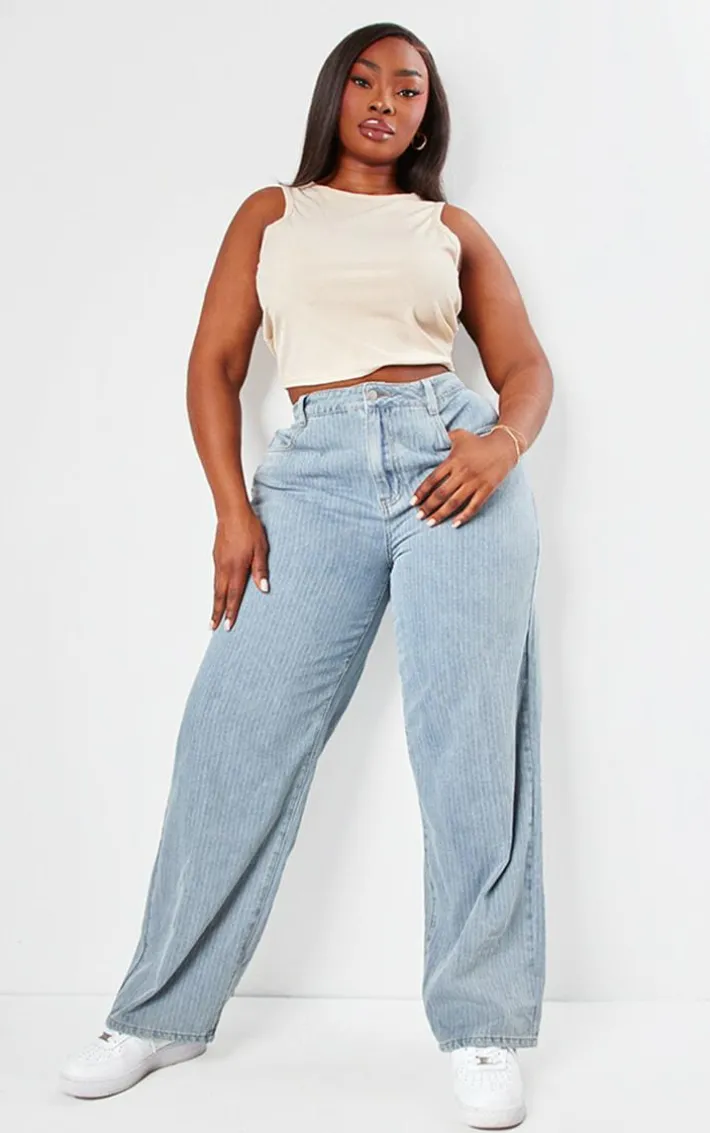 Plus Washed Blue Pinstripe Denim Boyfriend Straight Leg Jeans