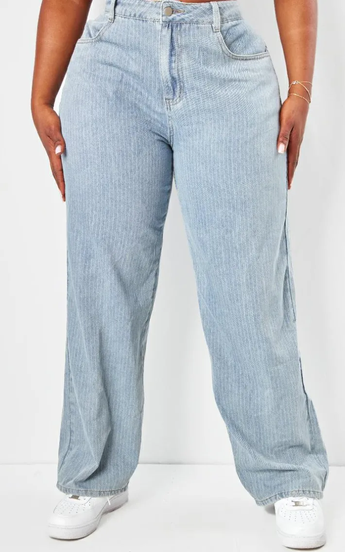 Plus Washed Blue Pinstripe Denim Boyfriend Straight Leg Jeans