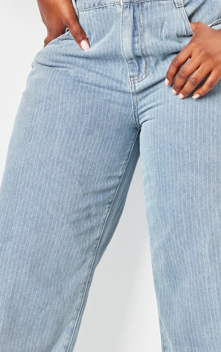 Plus Washed Blue Pinstripe Denim Boyfriend Straight Leg Jeans