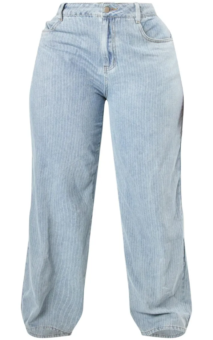 Plus Washed Blue Pinstripe Denim Boyfriend Straight Leg Jeans