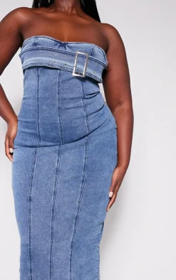 Plus Washed Blue Stretch Denim Buckle Detail Bandeau Dress