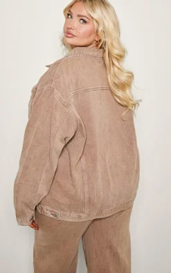Plus Washed Brown Oversized Boyfriend Denim Jacket
