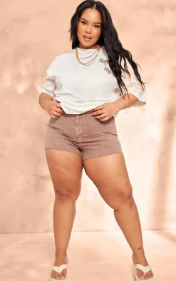 Plus Washed Brown Raw Hem Denim Shorts