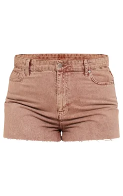 Plus Washed Brown Raw Hem Denim Shorts