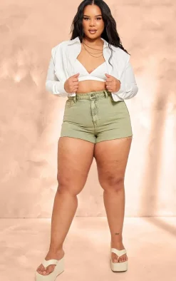 Plus Washed Green Raw Hem Denim Shorts