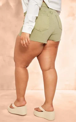Plus Washed Green Raw Hem Denim Shorts