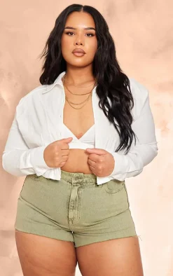 Plus Washed Green Raw Hem Denim Shorts