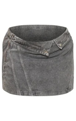 Plus Washed Grey Biker Waistband Detail Denim Mini Skirt
