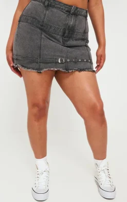Plus Washed Grey Contrast Waistband Denim Skirt