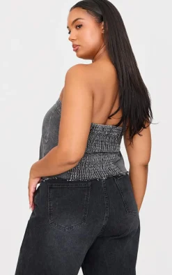 Plus Washed Grey Contrast Seam Detail Pocket Front Corset Bandeau Denim Top