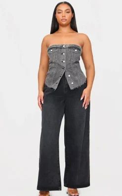 Plus Washed Grey Contrast Seam Detail Pocket Front Corset Bandeau Denim Top