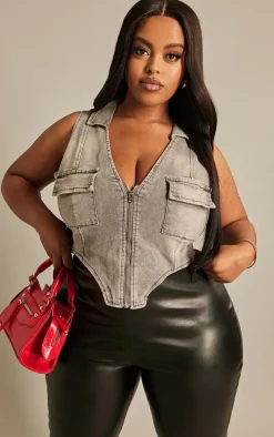 Plus Washed Grey Denim Zip Up Top