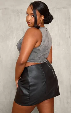 Plus Washed Grey Dipped Front Denim Crop Top