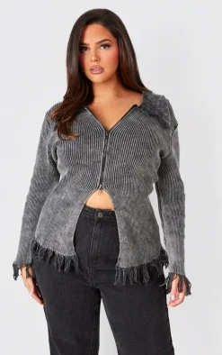 Plus Washed Grey Distressed Knit Split Hem Sweater