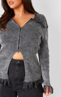 Plus Washed Grey Distressed Knit Split Hem Sweater