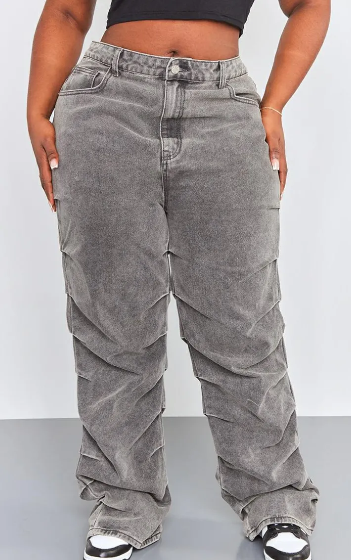 Plus Washed Grey Ruched Straight Leg Denim Jeans